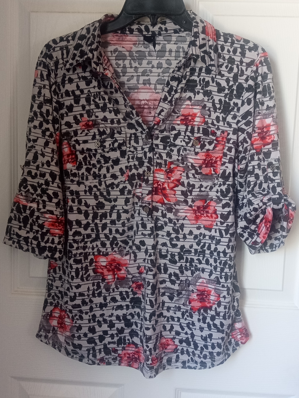 Black & White Patterned Button-Down Shirt with Red Floral Accents